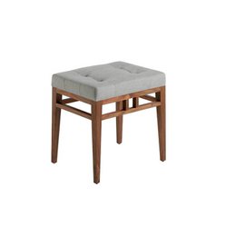 Upholstered bench in fabric and walnut wood, square shape, neutral gray color, wooden frame.