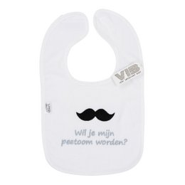 White bib with text "Will you be my godfather?" and a mustache icon. Made of soft, absorbent material for comfortable wear.