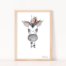 'Zia the Zebra - A whimsical kids room poster featuring a cute zebra illustration with feathers and a tribal-inspired design. Suitable for nursery or children's bedroom decor.'

The image shows a whimsical illustration of a zebra with feathers and a tribal-inspired design. The zebra has a playful, cartoon-like style that would be suitable for a kids room or nursery decor. The poster features the text "Zia the Zebra" and is available in two size variants - 30x40cm and 50x70cm.

The key details that can be extracted from the image and product information are:

Colors: Black, white, brown, red
Materials: Paper, frame
Style: Whimsical, cartoon, tribal-inspired
Shape: Rectangular poster
Description: A cute zebra illustration with feathers and a tribal-inspired design, suitable for kids room or nursery decor.

This description provides enough information to enable a semantic search for products related to "Zia the Zebra" or similar zebra-themed decor and artwork for children's spaces.