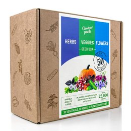 Grow Your Own 50 Seeds Kit - a gardening kit containing 50 seeds for growing various herbs, vegetables, and flowers. The kit comes in a cardboard box with illustrations of the plants.