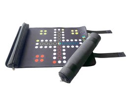 Portable ludo board game with colorful game pieces and dice for kids to play on the go.