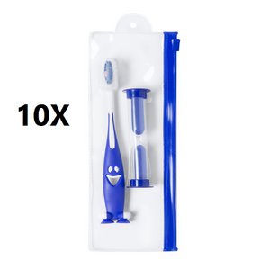 10 X BLUE JUNIOR SET - TOOTHBRUSH AND SAND CLOCK 2 MINUTES - 8 x 20 x 2 cm