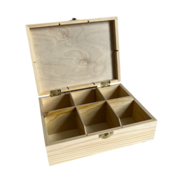  Wooden tea box with 6 compartments made of pine wood.