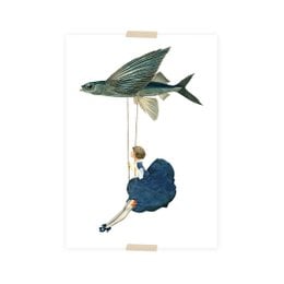 A postcard featuring a collage of a little lady hanging on a flying fish. The image depicts a whimsical and imaginative scene.