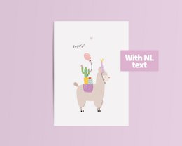 Whimsical birthday card featuring two alpacas holding a cactus and balloon, perfect for a fun and festive celebration.