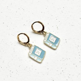  Elegant drop earrings with light blue square pendants in a gift box.