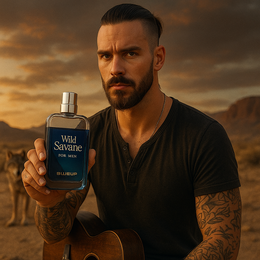  Blue glass bottle, woody aromatic fragrance, men's eau de parfum, savane scent, gold spray top