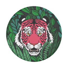  A round phone holder with a vibrant, jungle-themed design featuring a fierce tiger's face surrounded by lush, green foliage.
