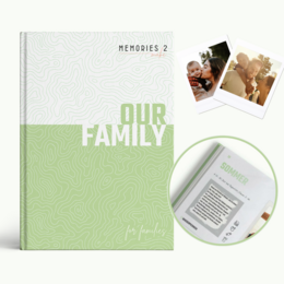 "Challenge book for families - a hardcover book with the title 'Our Family' and images of a family on the cover."

The image shows a hardcover book titled "Our Family" with a green and white cover design. The book appears to be part of a series called "Memories 2". The cover features several small photos of a family, suggesting this book is a photo album or memory book focused on a family.