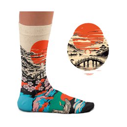 Sunrise Socks - Colorful, patterned socks featuring a scenic landscape design with a vibrant sunset, mountains, and a bridge. Made of soft, comfortable materials.
