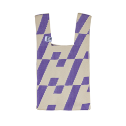  A purple and white striped handbag with a geometric pattern.