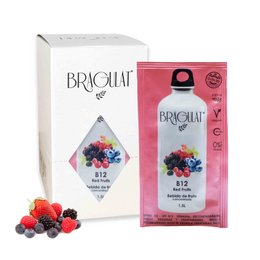 A 15-bag pack of Bragulat B12 + Red Fruits juice, featuring a vibrant pink bottle with a mix of red fruits like raspberries, blackberries, and strawberries.