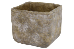 A large, square-shaped gray flowerpot made of a durable, weathered material. Suitable for indoor or outdoor use to display plants or greenery.