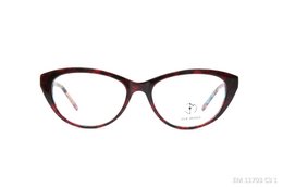 Burgundy cat-eye eyeglasses with subtle floral pattern on the temples.