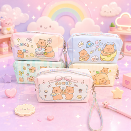 Kawaii capybara toiletry bag, cute animal design, pastel colors, pink blue beige, trendy summer style.