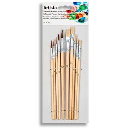  "10-piece brush set with natural wood handles, various sizes, round and flat bristles, art supplies"
