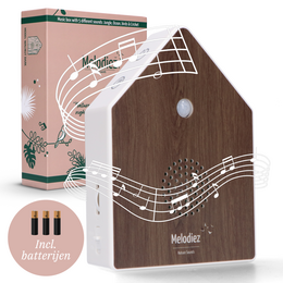 The product is a Melodiez Deluxe - Box Incl. Batteries and 5 Natural Bird, Ocean, Cricket and Jungle sounds - Bird Sound House with Sensor. It comes in three variants: Oak Harmony, Lavender Dawn, and Forest Light. The product is categorized as a Statue.
The key details that can be extracted from the images and product information are:
Colors: Oak, lavender, forest green
Materials: Wood
Style: Birdhouse-shaped with natural motifs
Shape: Rectangular, house-like
This product appears to be a decorative wooden birdhouse that plays natural sounds like bird calls, ocean waves, and jungle noises. The different variants feature varying wood tones and nature-inspired designs. This information would be relevant for a semantic search related to nature-themed home decor or sound machines.