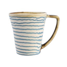  Ceramic mug with horizontal stripes, blue and gray variants, natural wooden handle, rustic style