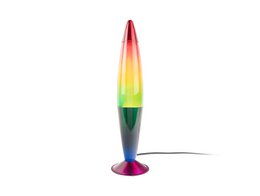 Multicolor table lamp with a rocket-shaped lava lamp design, featuring a vibrant rainbow gradient color scheme.