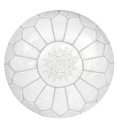 A round, white leather pouf cover with an intricate star-shaped pattern embroidered on the surface. The pouf appears to be made of high-quality leather and has a plush, comfortable design.
