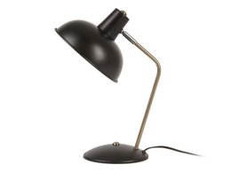 A black metal table lamp with an adjustable shade and a long, slender arm. The lamp has a simple, minimalist design and appears to be suitable for use on a desk or side table.