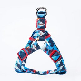 Multicolored dog harness with geometric patterns. Made of durable materials for pet comfort and safety.