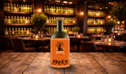  Early harvest extra virgin olive oil in a glass bottle with Japanese text on the label, displayed on a wooden table in a cozy bar setting.