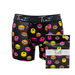 Black boxer shorts with colorful food-themed prints including burgers, donuts, and other snacks. Made of soft, stretchy material for comfort.