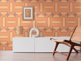  Brown retro geometric wallpaper with rounded rectangles and semi-circles, vintage mid-century modern pattern design.