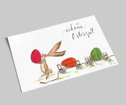Colorful Easter postcard with a rabbit and Easter eggs, celebrating the happy Easter season.