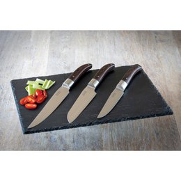  A set of 3 stainless steel and pakka wood carving knives. The knives feature a sleek, modern design with a durable stainless steel blade and a comfortable pakka wood handle.