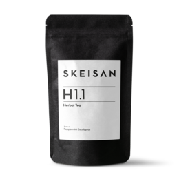 Herbal tea blend with peppermint and eucalyptus flavors, packaged in a black pouch.