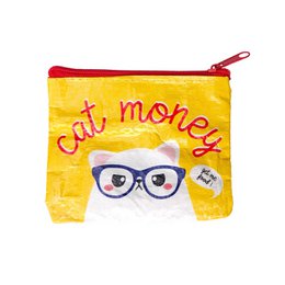  Compact yellow wallet with a cat graphic and the text "Cat money" printed on it. Made from recycled plastic materials.