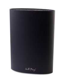 Oval white knife block with black finish, designed for storing kitchen knives.