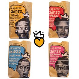 The product is a variety pack of potato chips called "Chipzz Mix Classic & Paprika & Sal de Mar & Serrano". The packaging features colorful illustrations of a man's face. The chips come in different flavors, including classic, paprika, sea salt, and serrano.