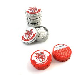 Peppermint tin with red tulip and bee design, containing refreshing mints.