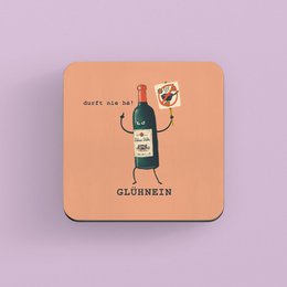 Circular coaster with a whimsical illustration of a green bottle character labeled "Glöhkinn". The coaster has a peach-colored background.