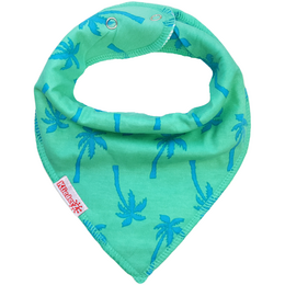Pointed bib Palm Beach - baby bib, made of soft, absorbent material with a palm tree print in shades of green and turquoise, designed to keep babies clean and comfortable during feeding.