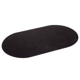 A black oval-shaped pet bowl placemat made of durable material, available in large and small sizes.