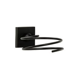 Matte black zinc hair dryer stand with spiral design for towel storage.