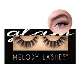 Glamorous false eyelashes with a dramatic, voluminous look. Features long, thick lashes in a natural brown shade.