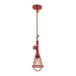 Pendant lamp with a red metal shade and a metal cage design, suspended from a wooden rod.