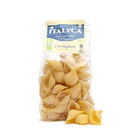  Organic conchiglioni pasta, made in Italy. Pasta shells with a golden yellow color.