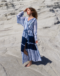  A long, flowing blue and white tie-dye bathrobe or beach cover-up with a loose, flowy silhouette and wide sleeves.
