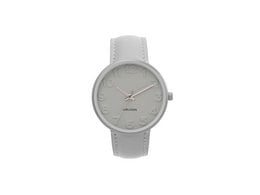 A stylish women's watch with a stainless steel case, white leather strap, and minimalist dial design.