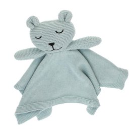 A soft, knitted blue baby blanket in the shape of a bear. Made from 100% cotton for a cozy and comfortable feel.