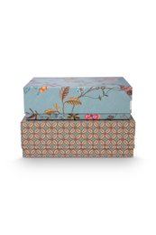  Set of 2 rectangular gift boxes with floral pattern in blue and khaki colors.