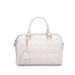  Quilted leather handbag, structured rectangular shape, dual handles, available in beige, black, blue, red, taupe, white.
