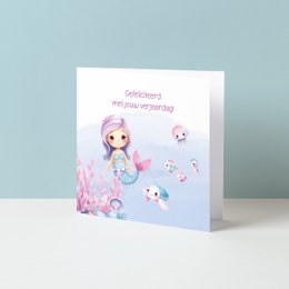  Whimsical mermaid-themed birthday card with pastel colors and cute sea creature illustrations.