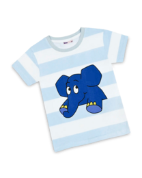  A white and blue striped t-shirt with a blue elephant graphic on the front. The t-shirt is suitable for kids and comes in sizes 104, 110, 116, 122, and 128.